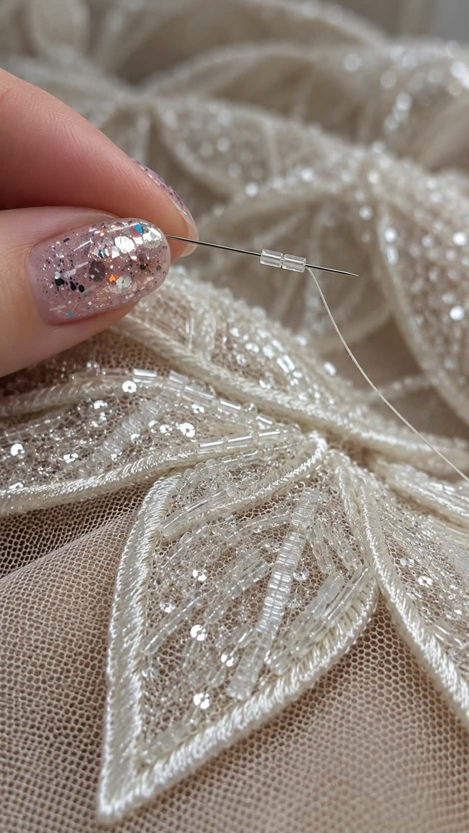 Hand stitching delicate beadwork on a bridal gown