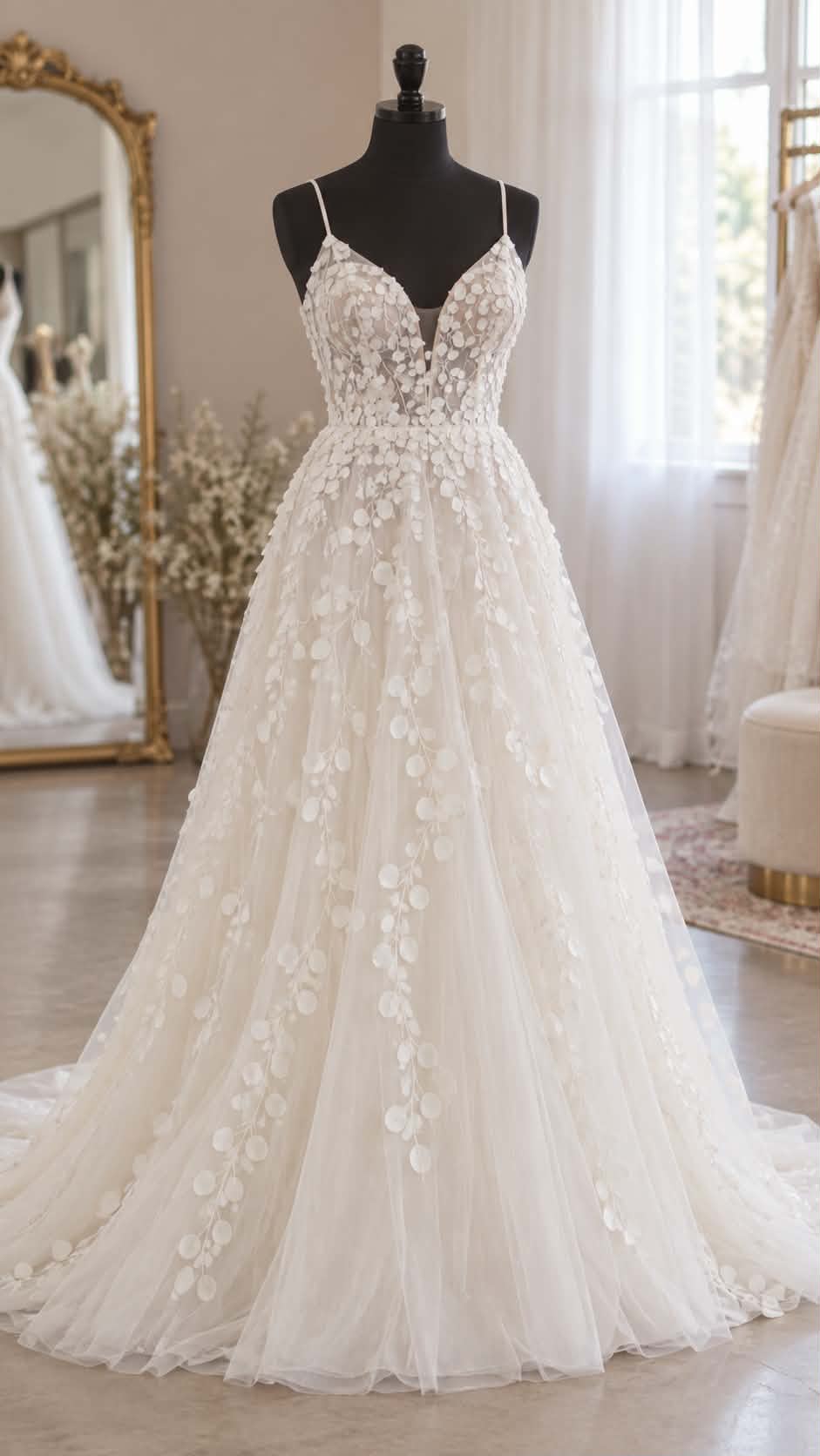 Detailed bridal gown displayed in the atelier