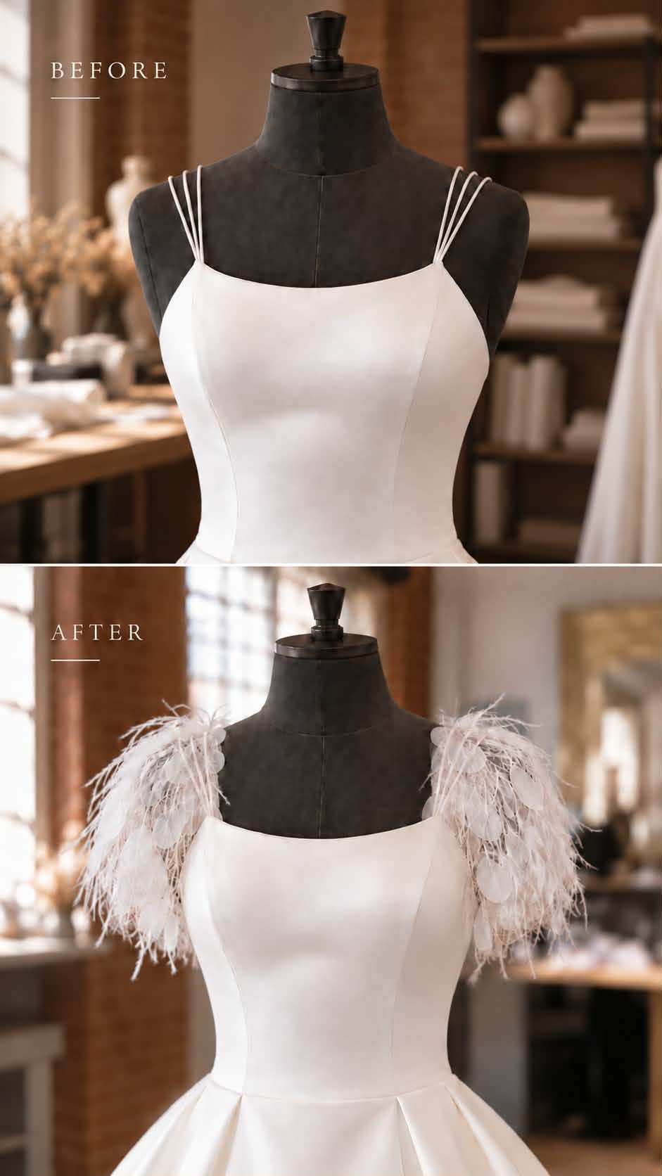 Before and after feather sleeve bridal alteration